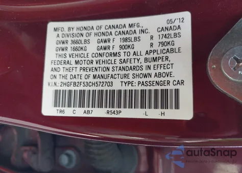 2012 Honda Civic Lx z USA, uszkodzony, nr VIN 2HGFB2F53CH572703
